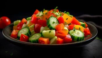 freschezza e natura su un' piatto pomodoro, cetriolo, insalata generato di ai foto