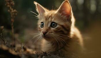 carino gattino seduta nel erba, fissando con giocoso curiosità generato di ai foto