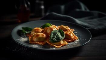 fresco fatti in casa pasta con pomodoro salsa, parmigiano formaggio, e verdure generato di ai foto