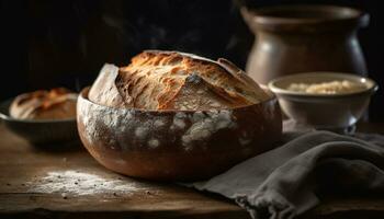 appena al forno fatti in casa pane su rustico di legno tavolo, un' buongustaio diletto generato di ai foto