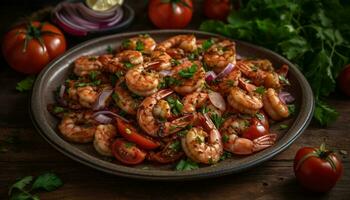 grigliato frutti di mare su legna piatto, fresco e salutare aperitivo generato di ai foto