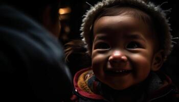 sorridente bambino porta felicità, carino e allegro nel inverno ritratto generato di ai foto