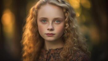 uno carino ragazza con lungo Marrone capelli sorridente nel natura generato di ai foto