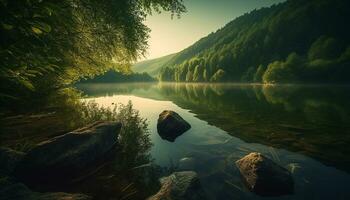 tranquillo scena natura bellezza riflessa nel il tranquillo, calmo fluente acqua generato di ai foto