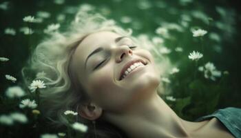 sorridente donna nel natura, godendo estate, circondato di fiori generato di ai foto