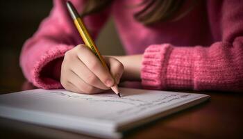 un' caucasico bambino studiando a un' tavolo, penna nel mano generato di ai foto