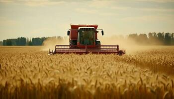 agricoltura azienda agricola, rurale scena, combinare mietitrice, raccolta, Lavorando, estate generato di ai foto