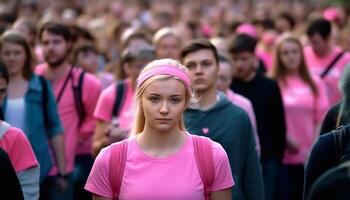 un' gruppo di sorridente ragazze jogging all'aperto, promozione salutare stili di vita generato di ai foto