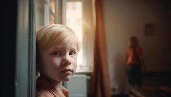 un' carino biondo bambino piccolo guardare attraverso finestra, riflettendo innocenza e curiosità generato di ai foto