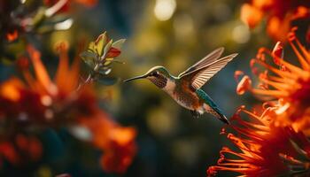 colibrì aleggia, impollinazione fiore, in mostra vivace colori nel natura generato di ai foto