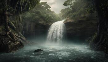 un' tropicale foresta pluviale, un' fluente cascata, un' tranquillo scena generato di ai foto