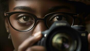 giovane donna fotografo Tenere telecamera, guardare a telecamera, professionale occupazione generato di ai foto