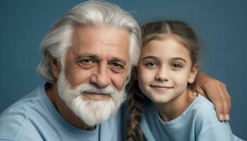 sorridente anziano adulto con grigio capelli e allegro nipote ritratto generato di ai foto