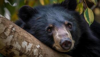 carino panda seduta su un' ramo, guardare a telecamera nel foresta generato di ai foto