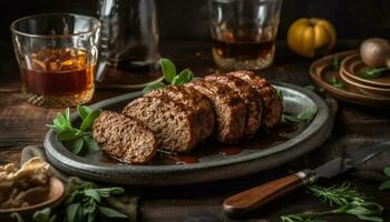 grigliato carne su di legno tavolo, cucinato con fatti in casa Spezia e erba generato di ai foto