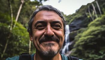 sorridente uomo escursioni a piedi nel il foresta, godendo natura salutare avventura generato di ai foto