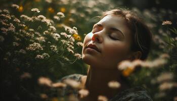 un' giovane donna gode il bellezza di natura all'aperto nel estate generato di ai foto