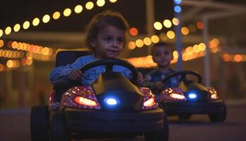 un' carino bambino guida un' auto a notte, avendo divertimento generato di ai foto