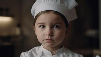 carino caucasico bambino capocuoco sorridente, cucinando nel cucina con fiducia generato di ai foto