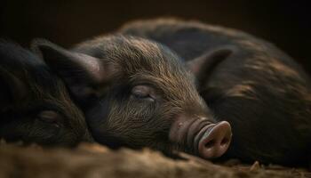 carino maialino addormentato nel il erba su un' azienda agricola generato di ai foto