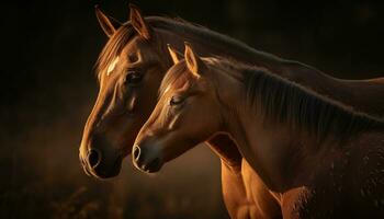 bellissimo cavallo pascolo nel un' tranquillo, calmo prato a tramonto generato di ai foto