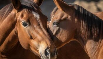 cavallo e cavalla pascolo nel prato, godendo il estate tramonto generato di ai foto