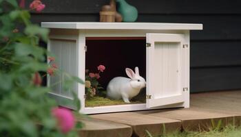 carino bambino coniglio seduta su erba, natura adorabile decorazione generato di ai foto