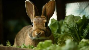 carino bambino coniglio seduta su erba, guardare a telecamera generato di ai foto
