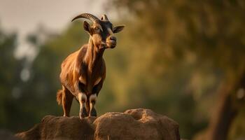 carino capra pascolo nel prato, circondato di natura bellezza generato di ai foto