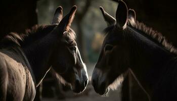 cavallo e cavalla pascolo nel prato, natura bellezza nel messa a fuoco generato di ai foto