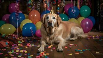 carino cucciolo giocando con colorato palloncini a un' compleanno festa generato di ai foto