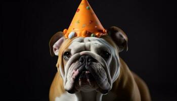carino francese bulldog cucciolo con rugosa viso a compleanno festa generato di ai foto