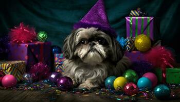 carino cucciolo seduta con un' regalo, festeggiare compleanno nel inverno generato di ai foto
