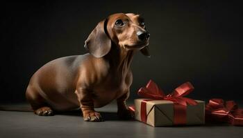 carino cucciolo seduta nel un' scatola, un' Perfetto compleanno regalo generato di ai foto