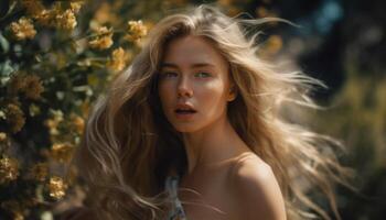 un' giovane donna con lungo Marrone capelli sorrisi nel natura generato di ai foto