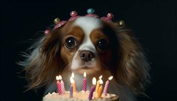 carino cucciolo indossare un' corona, festeggiare compleanno con candela decorazione generato di ai foto