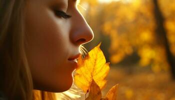 un' giovane donna godendo il autunno bellezza nel natura generato di ai foto