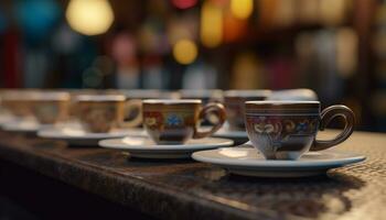 caffè tazza su legna tavolo nel caffè negozio con piattino generato di ai foto