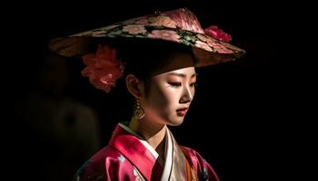 bellissimo geisha nel tradizionale capi di abbigliamento trasuda eleganza su nero sfondo generato di ai foto