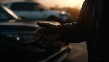 un' uomo guida un' auto a notte, in attesa per il tramonto generato di ai foto