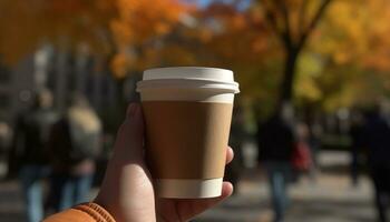 mano Tenere caffè tazza, a piedi all'aperto, godendo autunno natura generato di ai foto