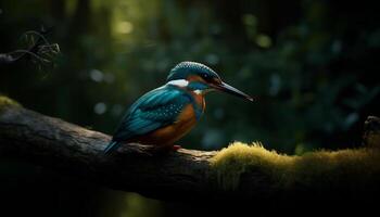 un' bellissimo martin pescatore perching su un' ramo, pesca nel la tranquillità generato di ai foto