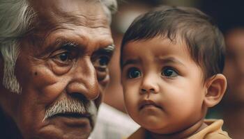 un' carino bambino ragazzo sorridente, tenuto di il suo affettuoso nonno generato di ai foto