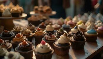 un' delizioso assortimento di fatti in casa buongustaio cupcakes nel vario sapori generato di ai foto