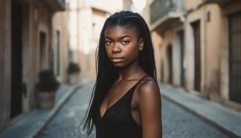 giovane donna guardare a telecamera, fiducioso e bellissimo nel città generato di ai foto