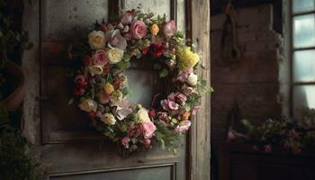 un' rustico di legno porta ornato con un' colorato fiore preparativi generato di ai foto