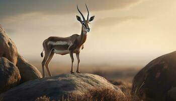 uno animale in piedi nel il tramonto su il africano savana generato di ai foto