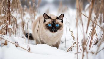 carino gattino seduta nel neve, guardare a telecamera, soffice pelliccia generato di ai foto