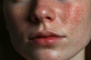 un' vicino su di un' donna con lentiggini, rosacea couperose arrossamento pelle ai generato foto