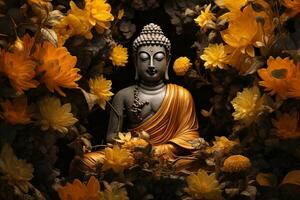 un' d'oro Budda statua circondato di fiori ai generato foto